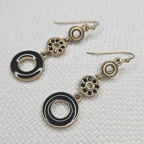 Lia Sophia Antique Gold and Black Circle Drop Statement Earrings - Picture 1 of 11